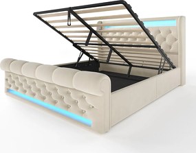 160x200 cm – Łóżko pojedyncze z ładowaniem USB i oświetleniem LED – beżowy aksamit – bez materaca