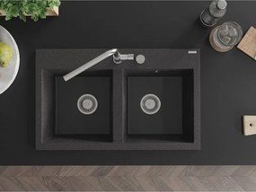 Mexen Hektor zlewozmywak granitowy 2-komorowy 800 x 480 mm, czarny nakrapiany, syfon chrom - 6521802000-76