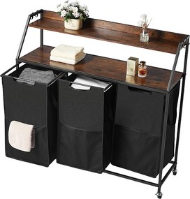 Kosz na Pranie SucceBuy 2-Poziomowy Sorter na Pranie z Kółkami, 3 Przegrodami, Metalową Ramą, Drewnianym Blatem, Półką i Workami z Tkaniny Oxford 600D