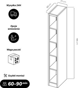 Regał metalowy wąski, archiwizacyjny na dokumenty szary, 250x1850x600 mm: TIM