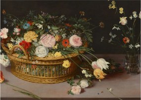 Obraz - Jan Brueghel the Elder, Flowers in a Basket and a Vase, reprodukcje (70x50 cm)