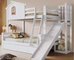 Łóżko piętrowe domek z zjeżdżalnią + szuflady - rama sosnowa - 90x200cm + 120x200cm - Białe