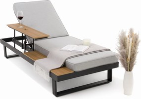 leżak ogrodowy tarasowy nowoczesny - ATOL - szary aluminiowy z podnoszonym stolikiem z blatem w odcieniu drewna tekowego
