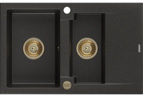 Mexen Gaspar zlewozmywak granitowy 1,5-komorowy z ociekaczem 737 x 475 mm, czarny/złoty metalik, syfon złoty - 6507731505-75-G