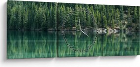 Obraz - drzewa iglaste nad jeziorem (z zegarem) (90x30 cm)