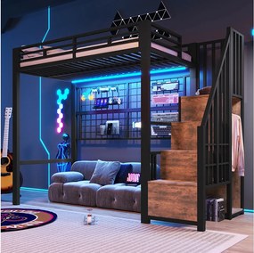 Łóżko antresolowe z ramą żeliwną - 90 x 200 cm - z szafą + drabinką + diodami LED - metal + płyta MDF - czarne