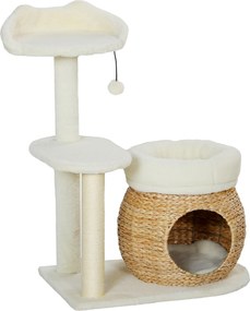 PawHut Drapak z jaskinią dla kota, piłką i platformą, trzcina/sizal, do 10 kg, 60 x 40 x 79 cm, kremowo-biały