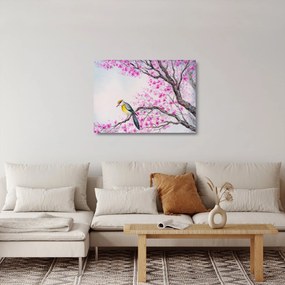 Obraz na szkle - ptak na drzewie z różowymi kwiatami (70x50 cm)