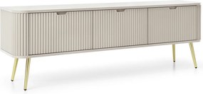 ZOVA RTV Szafka TV-Lowboard z żłobionymi frontami, metalowymi nogami, 3 drzwi, nowoczesny stolik TV, nogi metalowe złote, 168/57/39cm