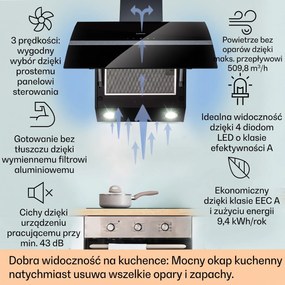 Klarstein Clara Smart 90cm 590m³/h Okap Przyścienny Skośny Czarny