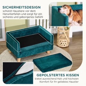 PawHut Sofa dla psa łóżko dla psa kanapa z weluru z oparciem, nogi drewniane, poduszka, do 8 kg 64 x 45 x 36 cm Niebieski | Aosom PL