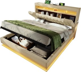 Łóżko tapicerowane ze schowkiem - 160 x 200 cm - zagłówek ze schowkiem z USB i Type-C - z diodami LED - z materacem - len - beż