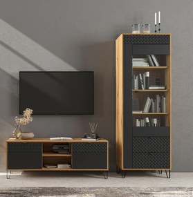 Wysoka witryna szklana na nóżkach dąb evok + czarny A6-R71