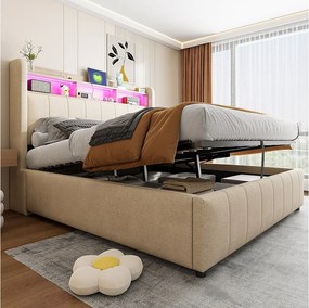 Podwójne tapicerowane łóżko ze schowkiem - 140 x 200 cm - z diodami LED + portem USB - zagłówek ze schowkiem - Tkanina lniana - Beżowe