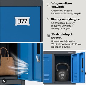 Szafa skrytkowa socjalna 20-skrytkowa na nóżkach antracytowo-niebieska, 1360x1720x450 mm: ROBERT