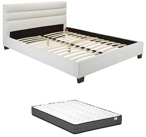 Łóżko 160 x 200 cm - Ekoskóra - Biały + Materac - FAUSTIN