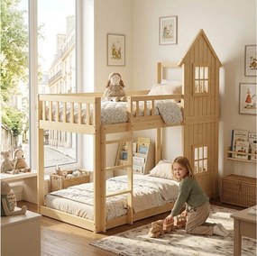 Łóżko piętrowe dla dzieci - 2 x 90 x 200 cm - z 2 oknami + schodami + barierką - sosna i MDF - naturalne