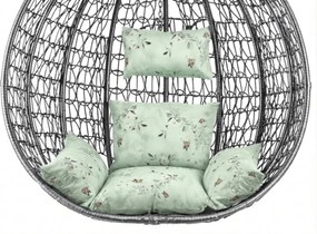 Szare wiszące krzesło KOKON bez stojaka, jasny zielony poduszka ze wzorem