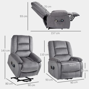 HOMCOM Elektryczny Fotel do Telewizora z Pomocą Wstawania, Funkcją Ciepła i Masażu, Pilotem i Kieszenią Boczną, Ciemnoszary