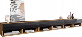 Nowoczesna szafka RTV 300 cm – bezuchwytowa, korpus Wotan, fronty czarny połysk, stojąca lub wisząca