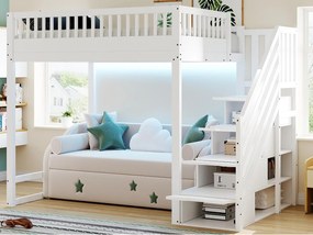 Łóżko na antresoli 140x200 cm - z drabiną bezpieczeństwa - z barierkami bezpieczeństwa - wyposażone w oświetlenie LED - biały​ (materac nie jest wliczony w cenę)