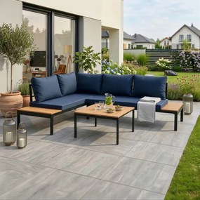Zestaw Mebli Ogrodowych NORMAN Granatowy/Czarny Narożnik Stolik Tarasowy Metalowy Nowoczesny