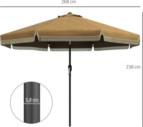 Outsunny Parasol z Ozdobnymi Frędzlami, Ø265 cm, Nachylany, Dwuczęściowy Metalowy Maszt, Wentylacja, Khaki/Czarny