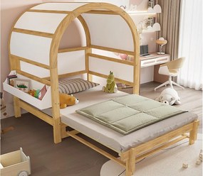 Łóżko chowane dziecięce 140x200cm - z boczną półką - Drewno lite + MDF - Biały + Kolor naturalny (bez materaca)