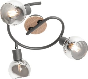 Plafon czarny 44,5 cm z przydymionym szkłem i drewnem 3-źródła światła - Vidro