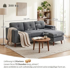 HOMCOM Sofa narożna 192 cm w kształcie L 3-osobowa z odwracalną szezlongą, wygląd sztruksu, do małego pomieszczenia, Ciemnoszary | Aosom PL