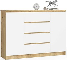 Komoda AKORD K140 Dąb Artisan 138 cm 2 drzwi 4 szuflady kolor Biały mat 4 półki 138x40x99 cm