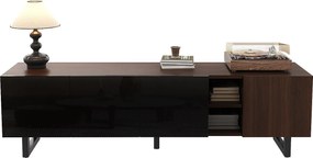 Niska szafka pod telewizor z 4 drzwiami - 180 x 38 x 50 cm - wyjątkowy design - wygląd postarzanego drewna - MDF - czarny + naturalne wykończenie