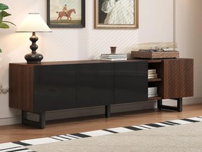 Meble pod TV 180x38x50 cm - z 4 frontami - wygląd drewna - Fronty wysokiego połysku - MDF + płyty wiórowe - Kolor naturalny + czarny