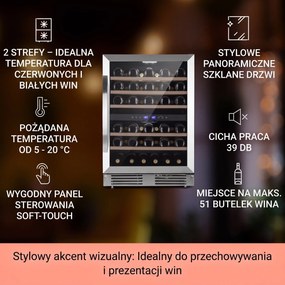 Klarstein Vinovilla 60cm 51 Butelek Winiarka Podblatowa 2 Strefy Srebrny