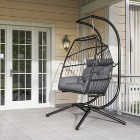 Outsunny Fotel Wiszący z Rattanu, Składana Konstrukcja z Poduszką, Stelaż Stalowy, Do Wewnątrz i Na Zewnątrz, Do 260 kg, Ciemnoszary