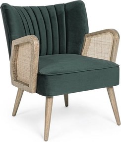 Fotel z tkaniny z efektem aksamitu w kolorze zielonym, drewniane nogi i podłokietniki - VIRNA
