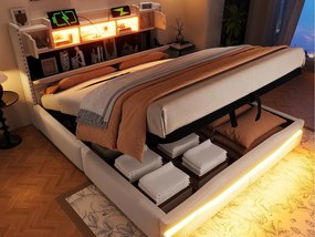 Łóżko tapicerowane ze schowkiem 160x200 cm - z oświetleniem LED - z komorą przechowawczą - beżowe (bez materaca)