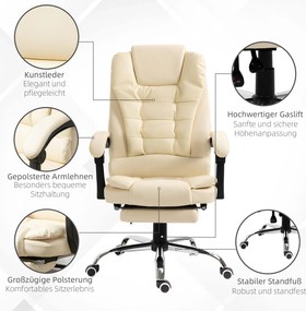 HOMCOM Fotel Biurowy Szefowski z Podnóżkiem Kremowo Biały Regulowane Oparcie i Pochylenie Komfort Pracy | Aosom PL