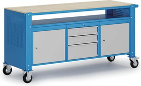 Mobilny stół warsztatowy G9, 1 górna półka, 2 szafki, 3 szuflady, 1690 x 595 x 865-1130 mm, szary/niebieski