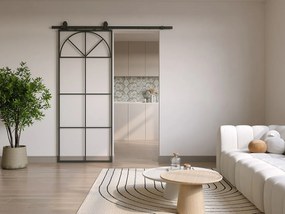 Drzwi przesuwne z systemem naściennym w stylu art déco - aluminium i szkło hartowane - wys. 204 x szer. 83 cm - Czarne - VIGELO