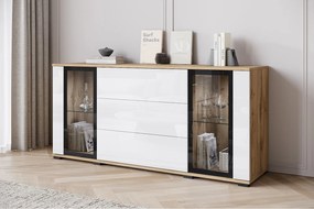 Komoda 150 cm do salonu z LED – nowoczesna witryna z przeszkleniami + szuflady, dąb wotan