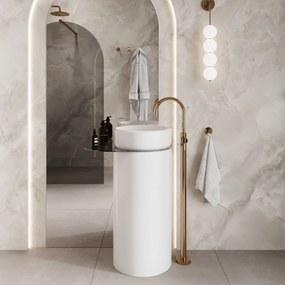 Umywalka z konglomeratu wolnostojąca okrągła z półką szklaną 85 x 40 cm RONA bez przelewu | Różne kolory półki : Kolor szkła - Grafitowy, Kolor umywalki RONA - Biały połysk, Półka - Szklana