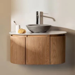 Zestaw Wiszących Mebli Łazienkowych Z Drewna Carsone Naturalna & Bez Jednostki Pomocniczej & Okrągły Szary Cement Ø40 - Sklum