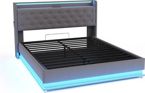 Łóżko ze schowkiem 160x200 cm - szary len - łóżko małżeńskie z ładowaniem USB i oświetleniem LED - bez materaca