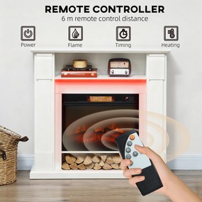 HOMCOM Kominek elektryczny z oświetleniem LED, realistyczny efekt płomieni, 1800W, półka nad kominkiem, 2 piloty, szkło, biały