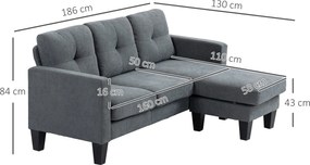 HOMCOM Sofa narożna L z obustronnym szezlongiem, Sofa polstrowana, Ciemnoszara