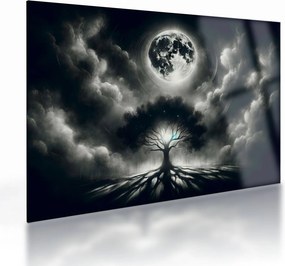 Obraz na szkle – Czarno-białe drzewo w pełni księżyca (70x50 cm)