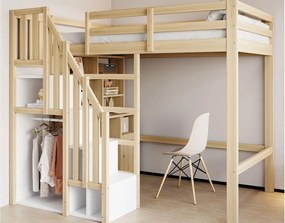 Łóżko na antresoli 90x200 cm - z półkami - z blatem roboczym - z drabinką - kolor naturalny (materac nie jest wliczony w cenę)