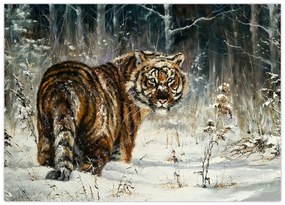 Obraz na szkle - Tygrys w zaśnieżonym lesie, obraz olejny (70x50 cm)