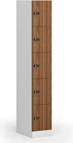 Szafka skrytkowa S1, 5 schowków, 1850 x 300 x 500 mm, zamek mechaniczny z kodem, drzwi laminowane, orzech